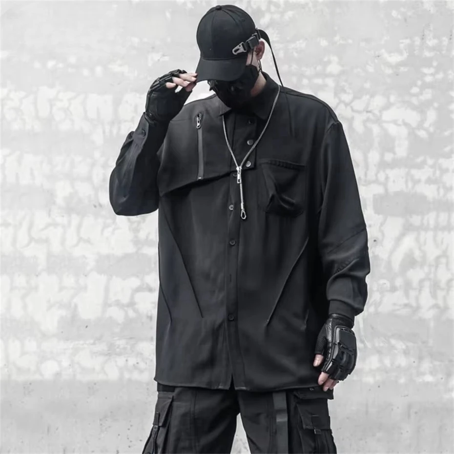 Men Harajuku Black Shirts 2025 Summer Long Sleeve Casual Shirt Coat Punk Streetwear Hip Hop Oversized Tops Shirts Mens Clothing