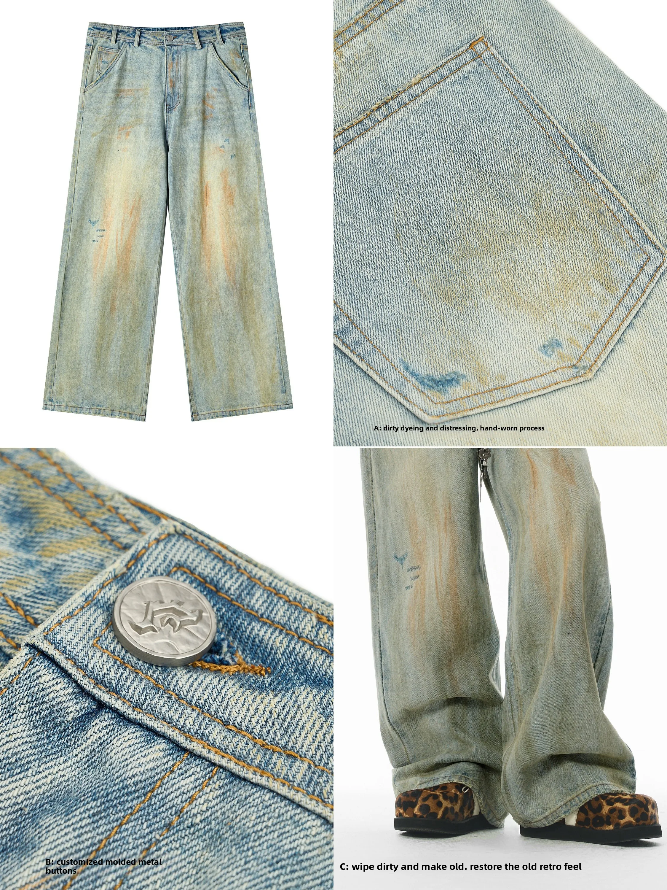 

JHYQ Men's Casual Loose Straight Leg Jeans Faded Waed Distred Cotton Denim mid Waist Zipper Fly Autumn Season Faion