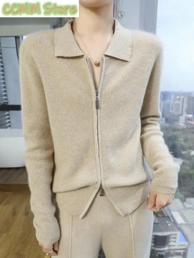 Autumn Winter Women Zipper Cashmere Cardigan POLO Collar Casual Sweater 70% Merino Wool and 30% Goat Cashmre Knitwear Female Co