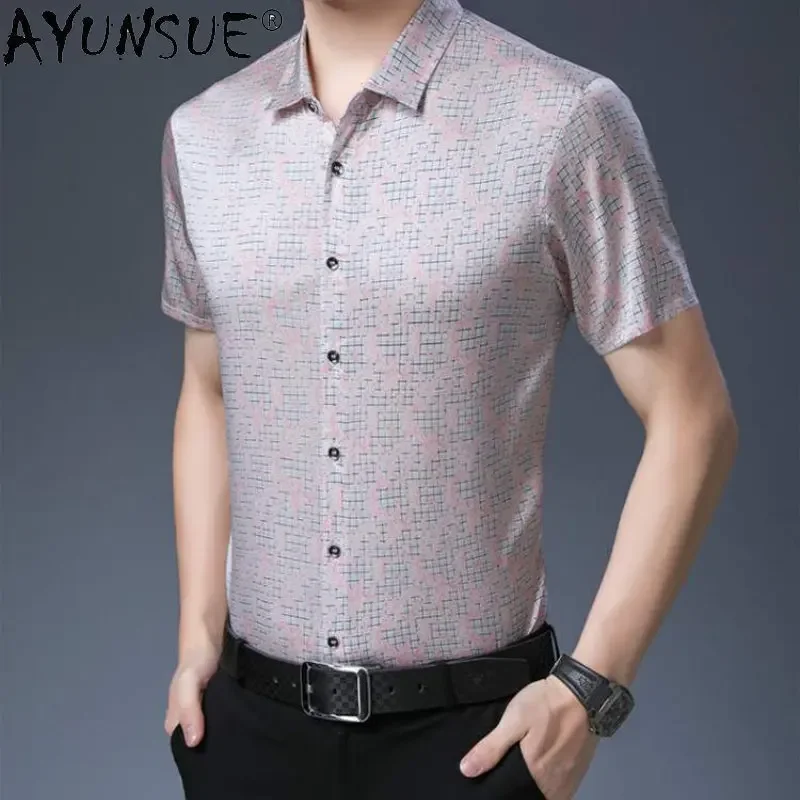 

AYUNSUE 92%Mulberry Real Silk Short Sleeve Shirt for Men's Silk Satin Top Shirt Casual Summer Shirt Men's Clothing Chemise Homme