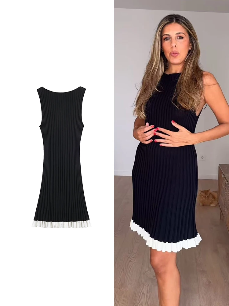 TFMLN Women Knitted Pleated Dress Summer Fashion O-Neck Sleeveless A-line Short Dress Elegant Slim Contrast Color Lady Outfit