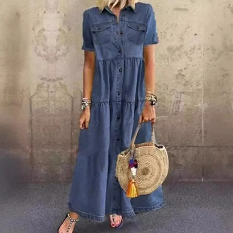 Tessuto di cotone a vita larga vintage da cowboy lungo da donna Dr multi-bottone in denim stagione primaverile