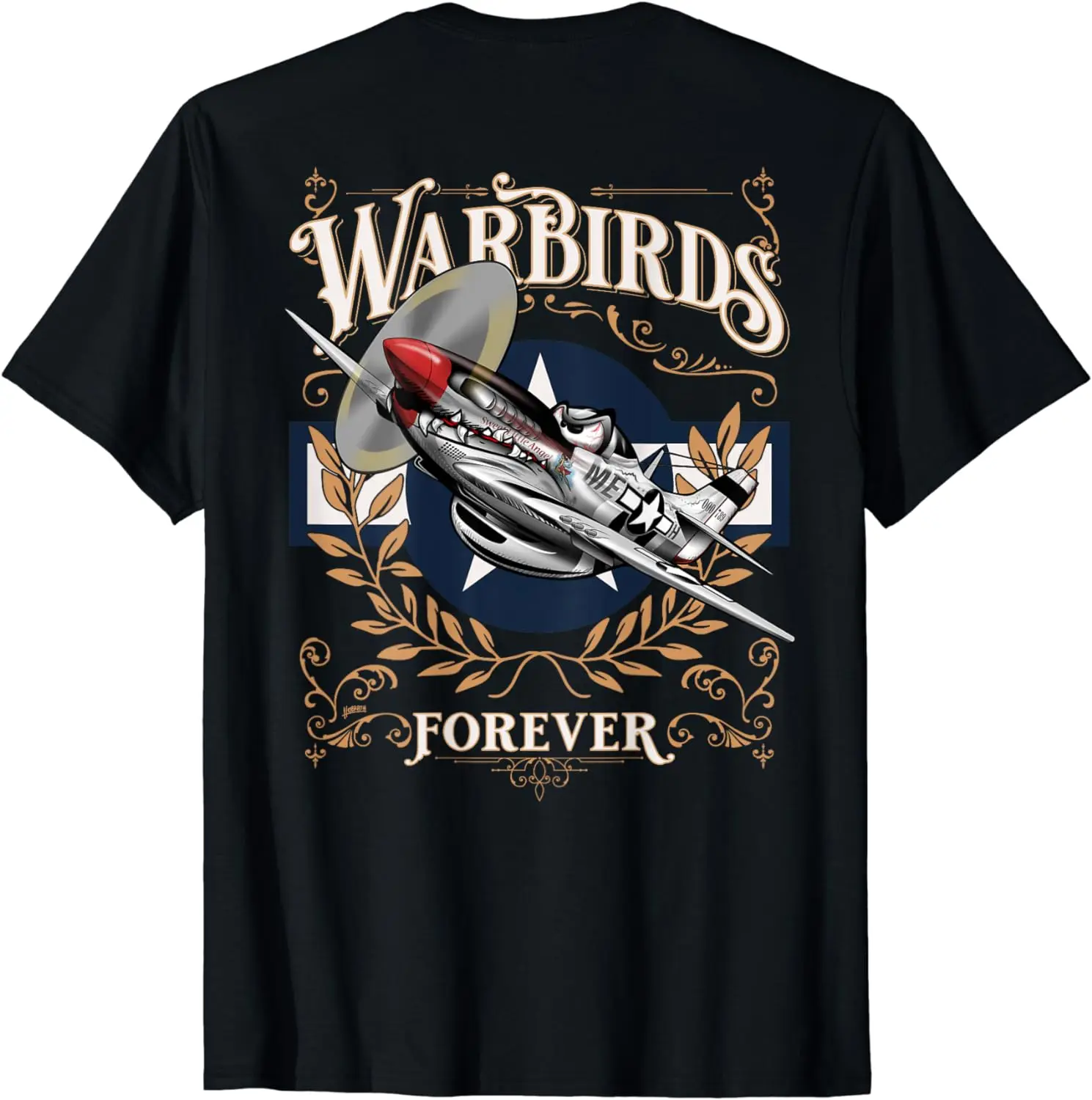 Warbirds Forever WWII P-51 Mustang Front and Back T-Shirt Short Sleeve Casual Cotton O-Neck Shirt