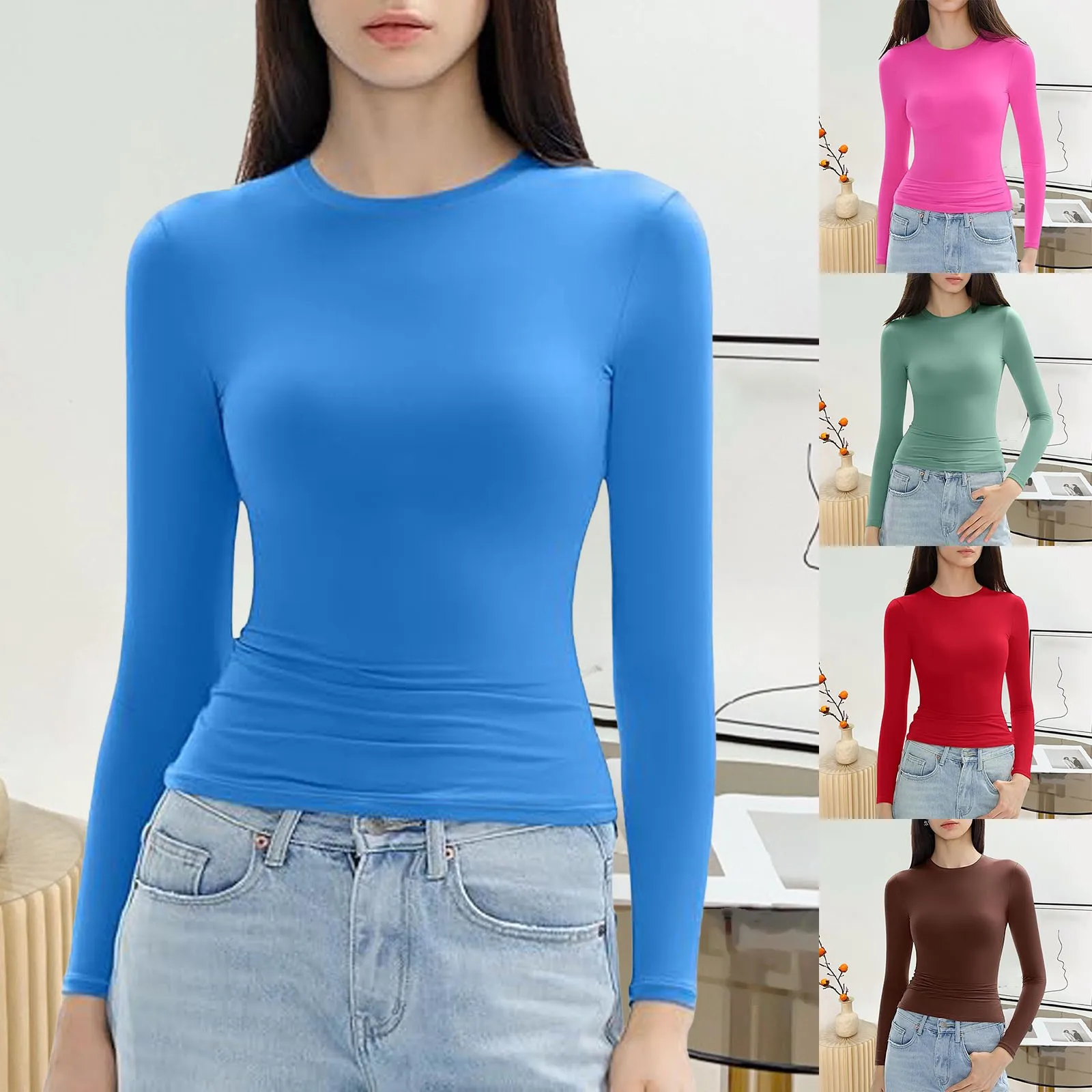 T shirt women spring autumn casual long-sleeved T-shirt solid color slim-fit pullover T-shirt bottom tshirt clothing Base Tops