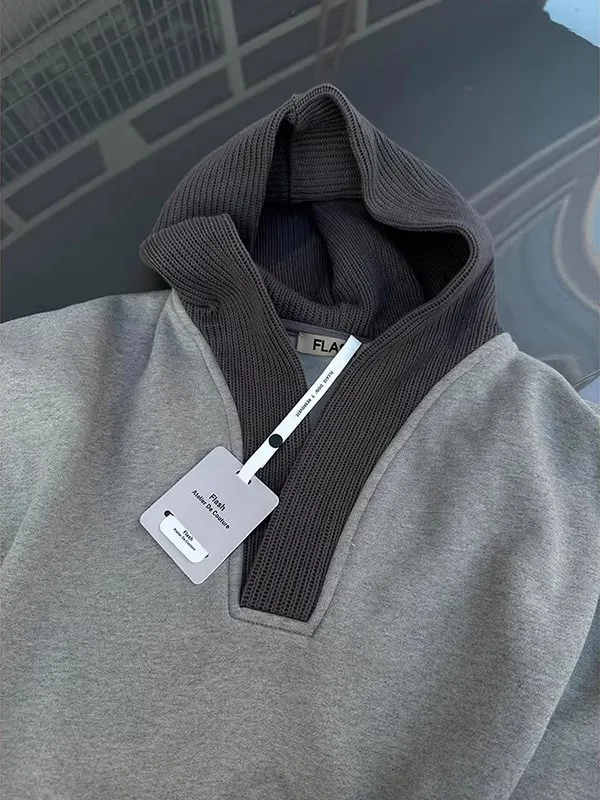 

Мужское худи большого размера с V-образным вырезом, вязаное, в американском стиле, весна-осень, с узором косы, уникальная верхняя одежда, повседневное, свободного кроя, с длинными рукавами