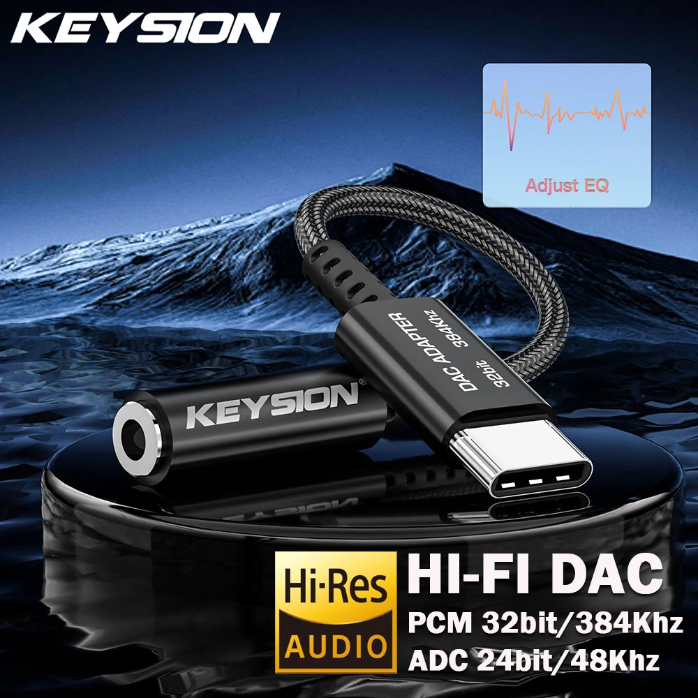 KEYSION Type-C to 3.5mm USB DAC ADC 24bit/48kHz Live Streaming HD Call Adjust EQ 32bit/384kHz HiFi Decoder Headphone Amplifie