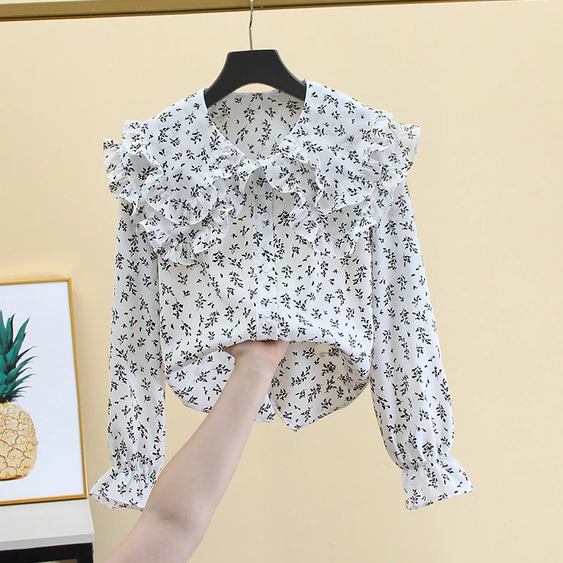 

Chiffon Floral Shirt Women's Spring Autumn Unique Single Breasted Loose Jacket French Style Elegant Peter Pan Collar Top