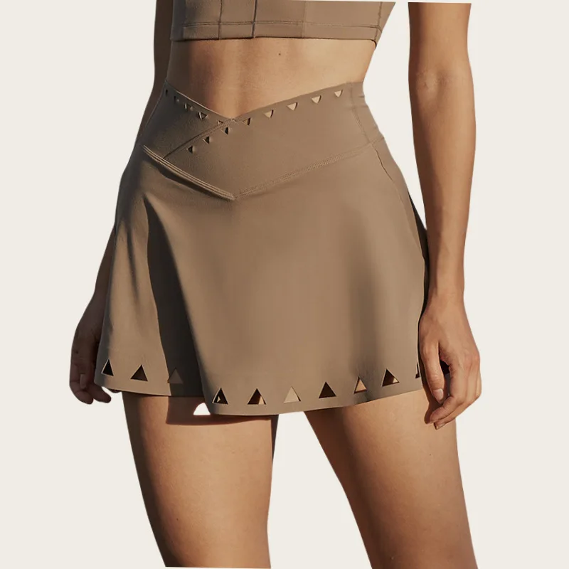 FUBEIKE Hollow Out Yoga Vest High Neck Hollow Top Women A Words V Waist Lined Golf Tennis Mini Skirt Women's Two Pieces Set