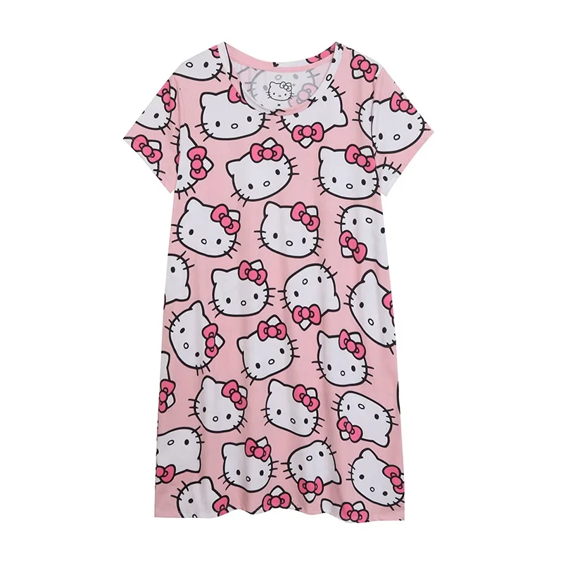 New Summer Hello Kitty Girl Short Sleeves Pajamas Anime Kawaii Women Soft Skin-friendly Loose Nightgown Dress Outdoor Skirt Gift