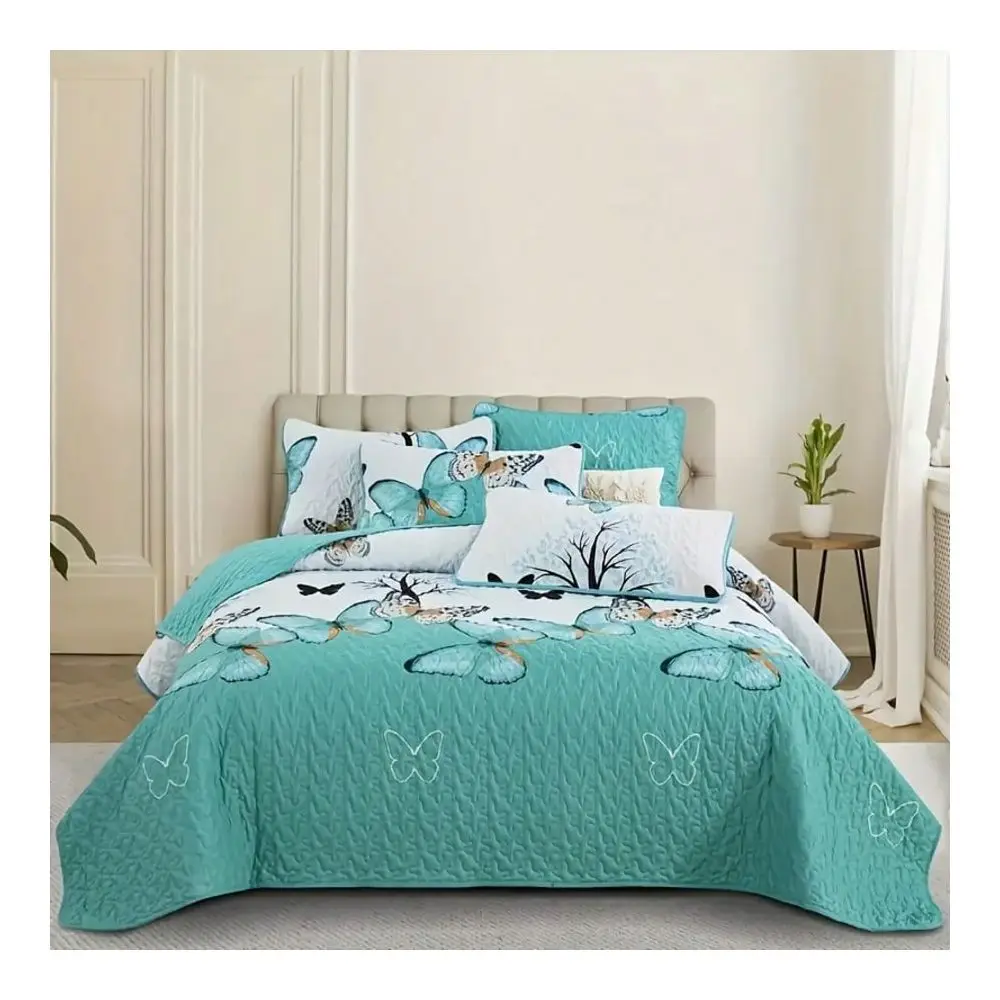 Fresh Butterfly Printed Quilted Bed Cover Set, Including 1 Bed Cover And 2 Pillowcases, Machine Washable, Comfortable For All S