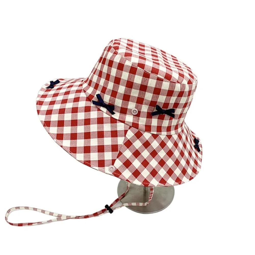 

Sweet Sun Protection Hiking Fisherman Hat Versatile Big Brim Drawstring Sun Hat Visor Sunshade Plaid Hiking Cap Summer