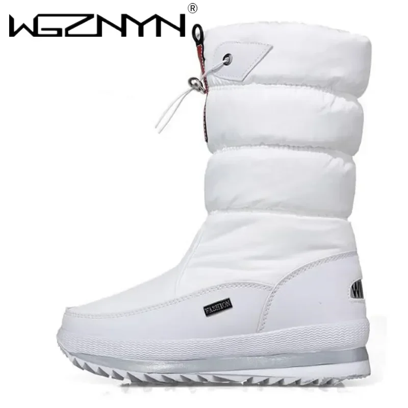 الفاخرة الأبيض النساء أحذية الشتاء أحذية دافئة أفخم منتصف العجل الأحذية مطاط مقاوم للمياه عدم الانزلاق منصة حذاء الثلوج الإناث حجم كبير