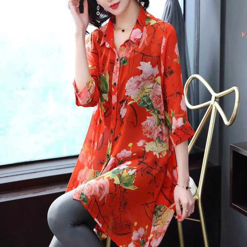 Women Summer Fashion Loose Casual Printing Sunscreen 3/4 Sleeve Chiffon Shirts Women Clothes Trend All-match Appear Thin Top Tee