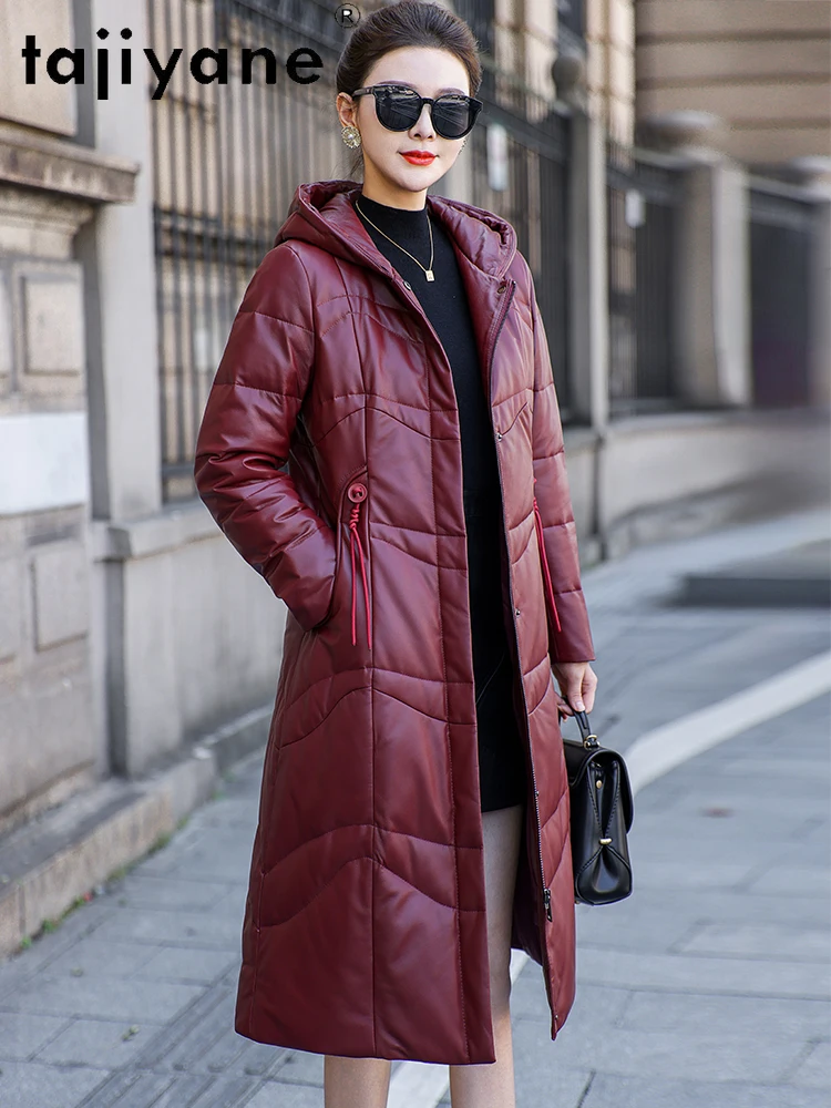 TAJIYANE سترة منفوخة من الجلد الحقيقي للنساء 100% من جلد الغنم أنقرة معاطف حمراء طويلة مع ياقة من فرو الثعلب ملابس شتوية 2025