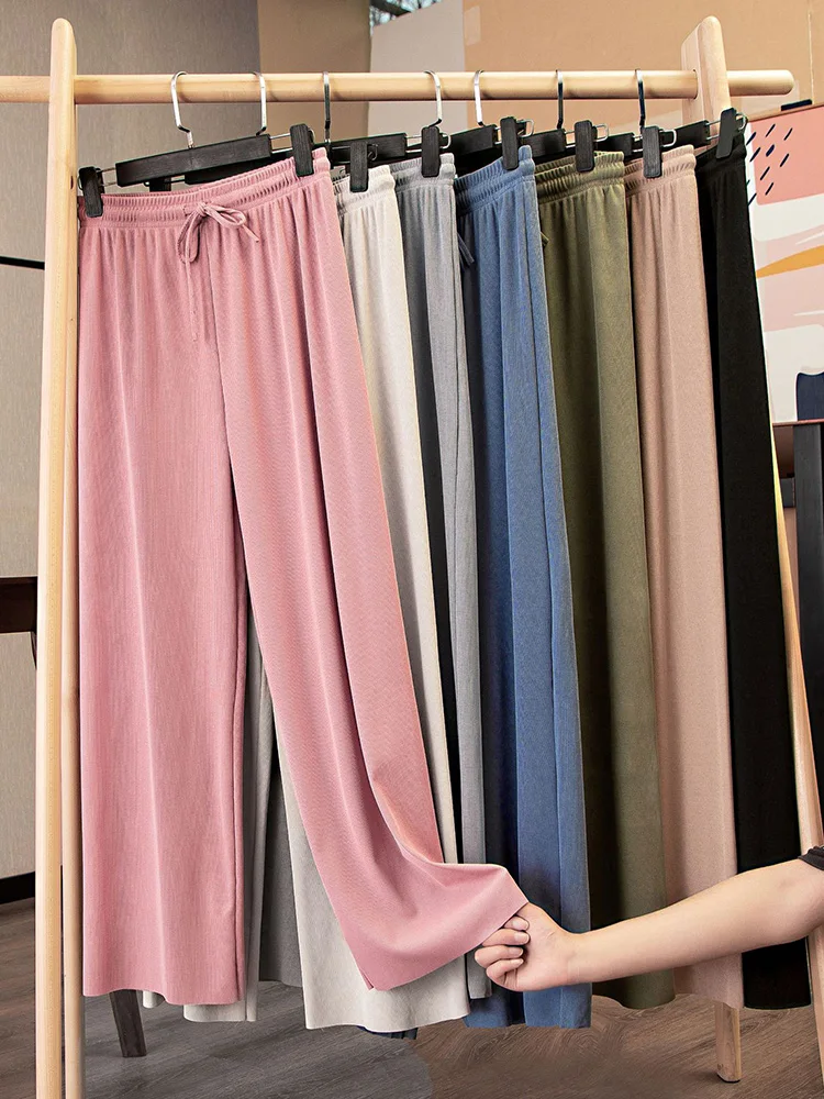 Women Long Pants Causal Elastic Waist Loose Basic Long Trousers For Female Spring Summer Wide Leg Long Pants