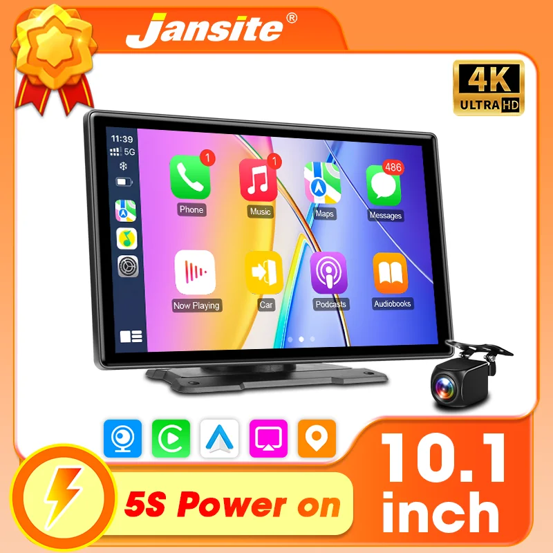 Jansite 10.1 inch UHD Car DVR 4K Dashcam CarPlay/Android Auto 4:3 Screen 5G WiFi GPS Navigation Recorder Rearview Camera FM AUX