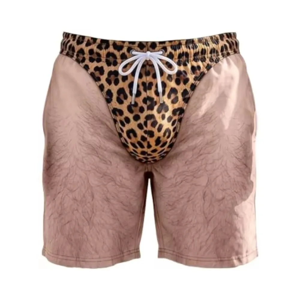 Men Funny Prank Swim Trunks 3D Hairy Skin Leopard Bikini Print Novelty Fake Butt Design Beach Shorts for Summer Party Joke Gift