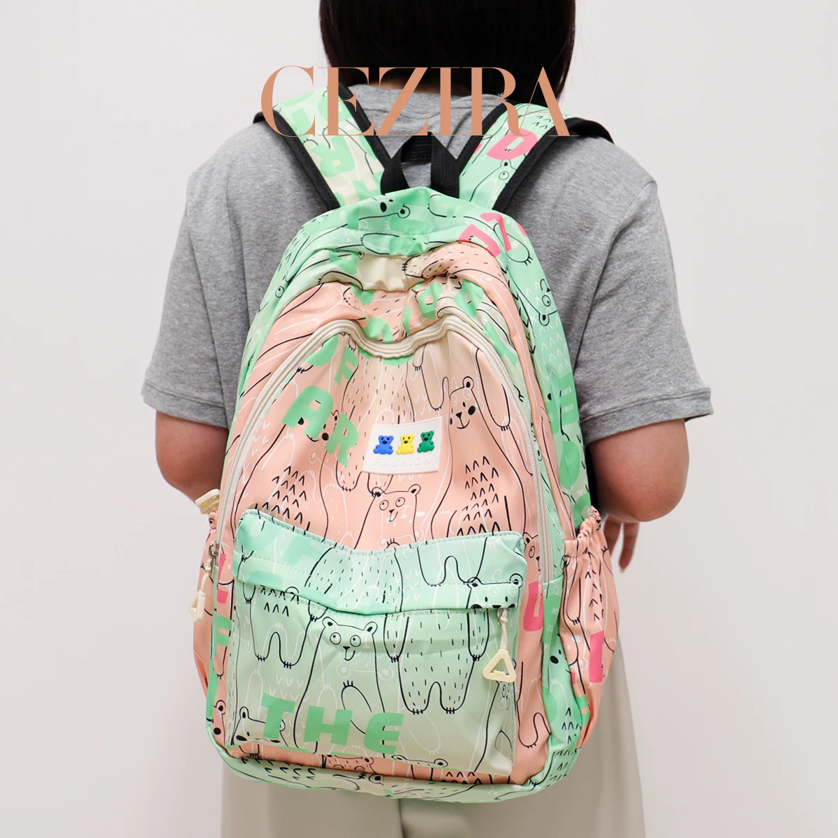 CR Extra Large Capacity High End Backpack Minimalist Polar Bear Pattern Color Block Girls School Bag Adjustable Strap Backpack