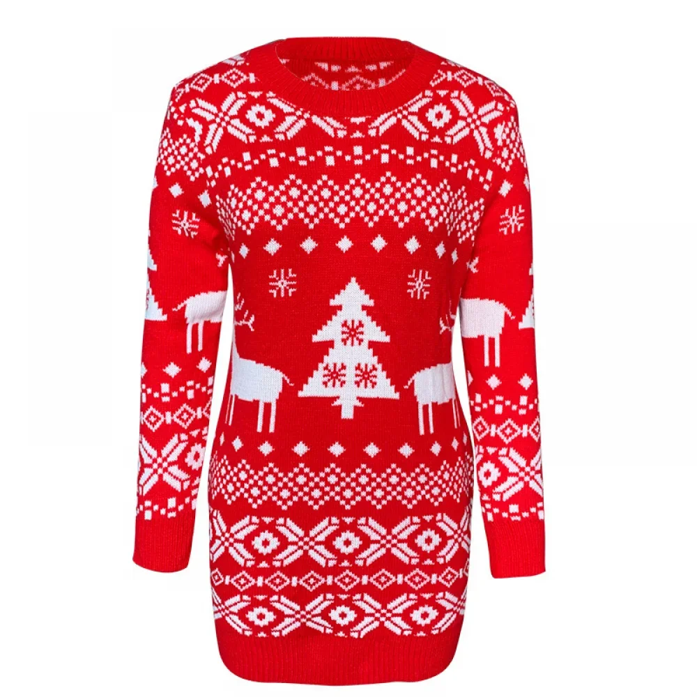 

Women Christmas Tree Gingerbread Milu Deer Long Sleeved Round Neck Knitted Top Santa Claus Sweater Dress