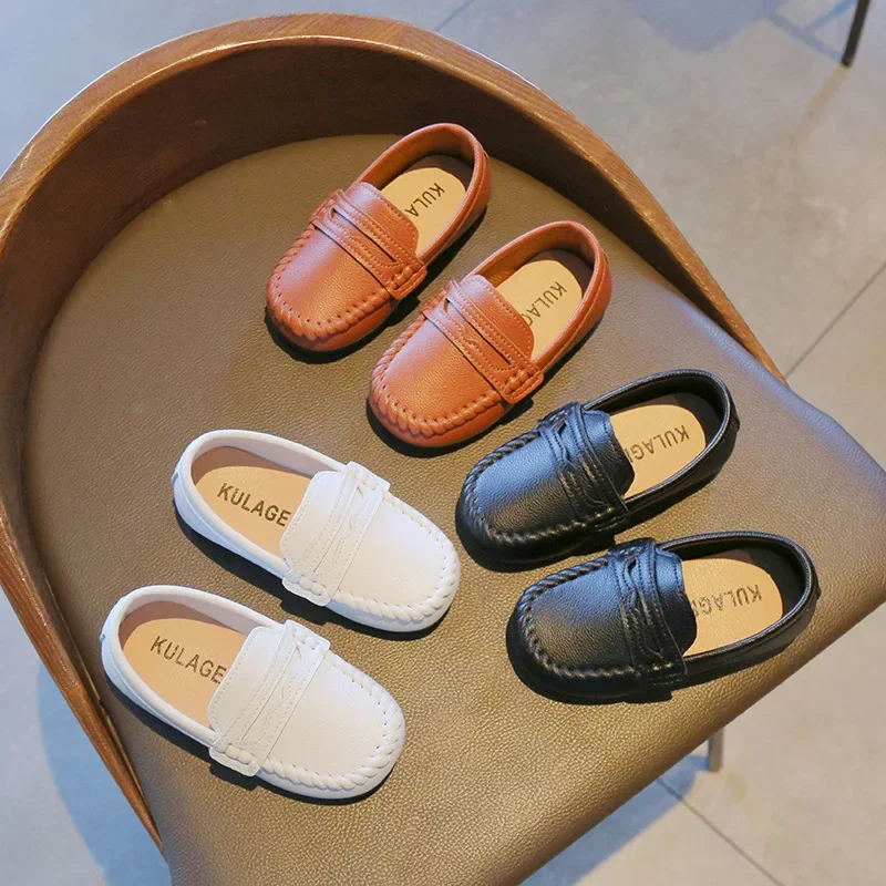 Children Boys Leather Shoes 2024 Spring and Autumn Simple Slip-on Round-toe School Shoes Loafers Flats Moccasins Classic Formal