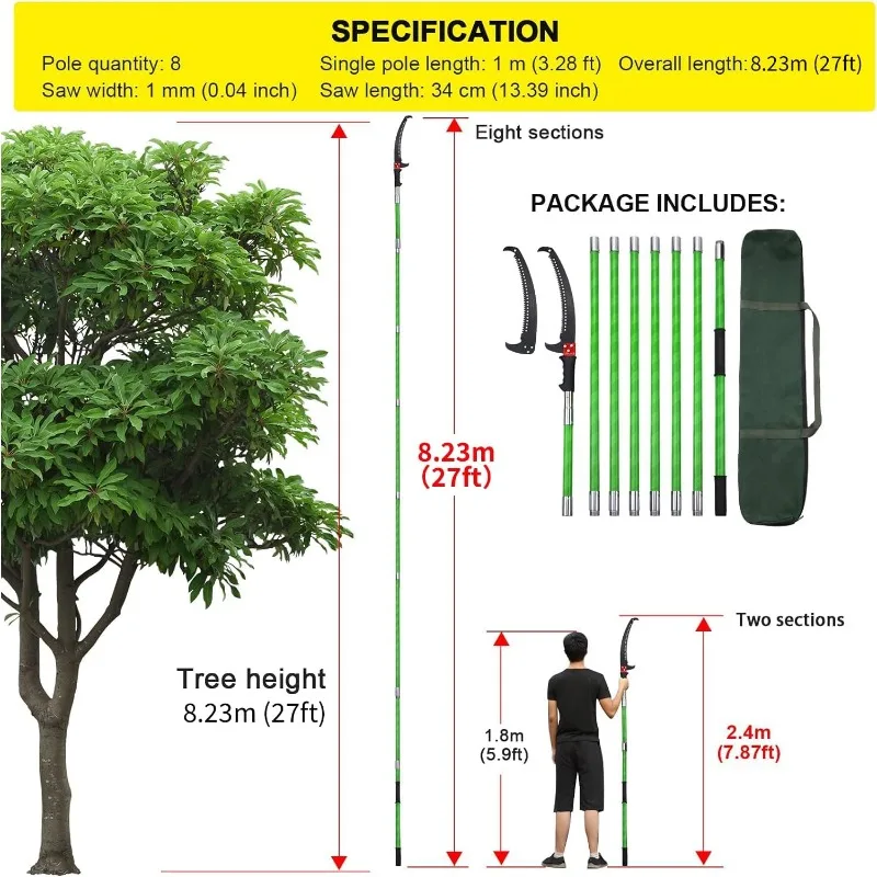 27 Feet Tree Pole Pruner Manual Branches Trimmer Tree Branch Garden Tools Loppers Hand Pole Saws Extendable Height