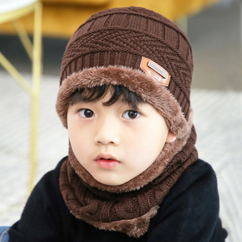 Kid Hat Scarf 2 Piece Set Short Plush Lnner Layer Boy Girl Knit Cap Ring Scarves Child Winter Outdoor Keep Warm Wear Accessories