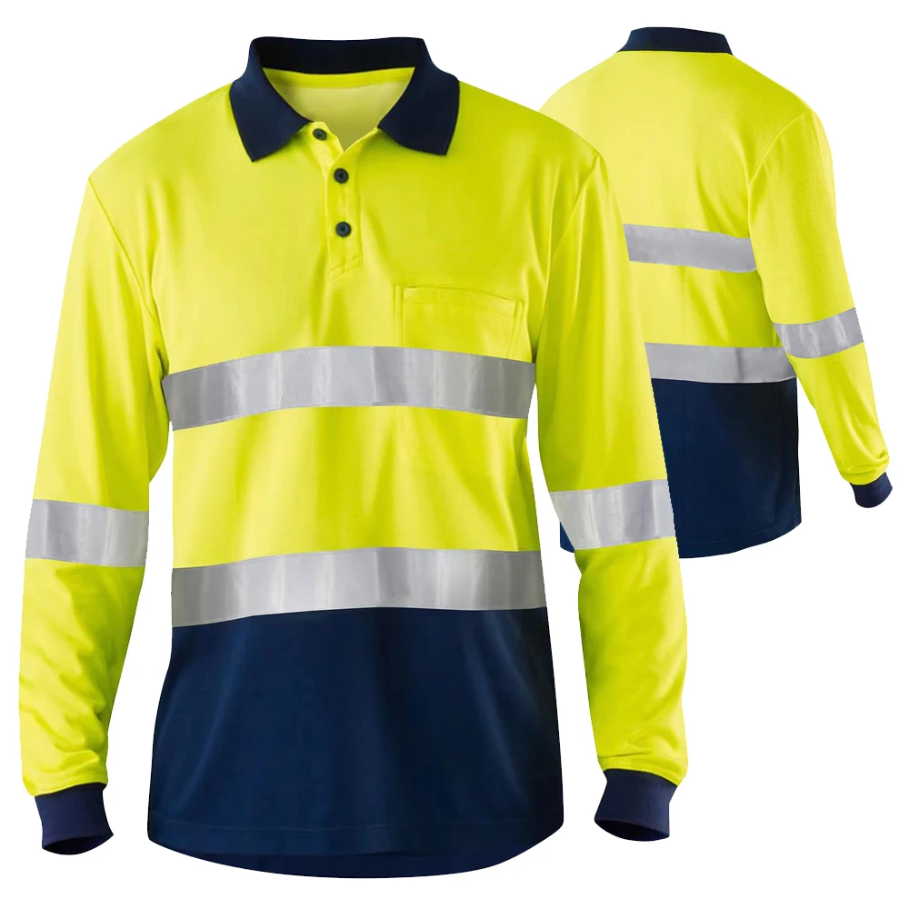 Two Tone Long Sleeve Blue Safety Shirts High Visibility Reflective Shirts With Pockets Hi vis work shirts Workwear