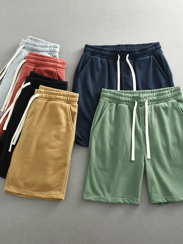 Summer New American Retro Knitted Solid Color Shorts Men's Fashion Loose Elastic Wasit Drawstring Sport Casual 5-point Pants
