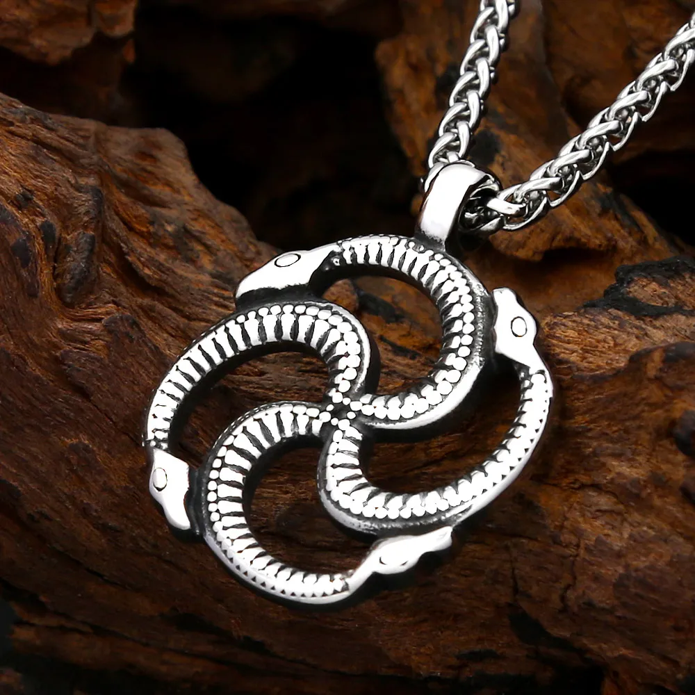 Interwoven Snake Pendant Necklace Stainless Steel Retro Carved Woven Snake Medallion Necklace Unisex Mystic Serpent Jewelry Gift