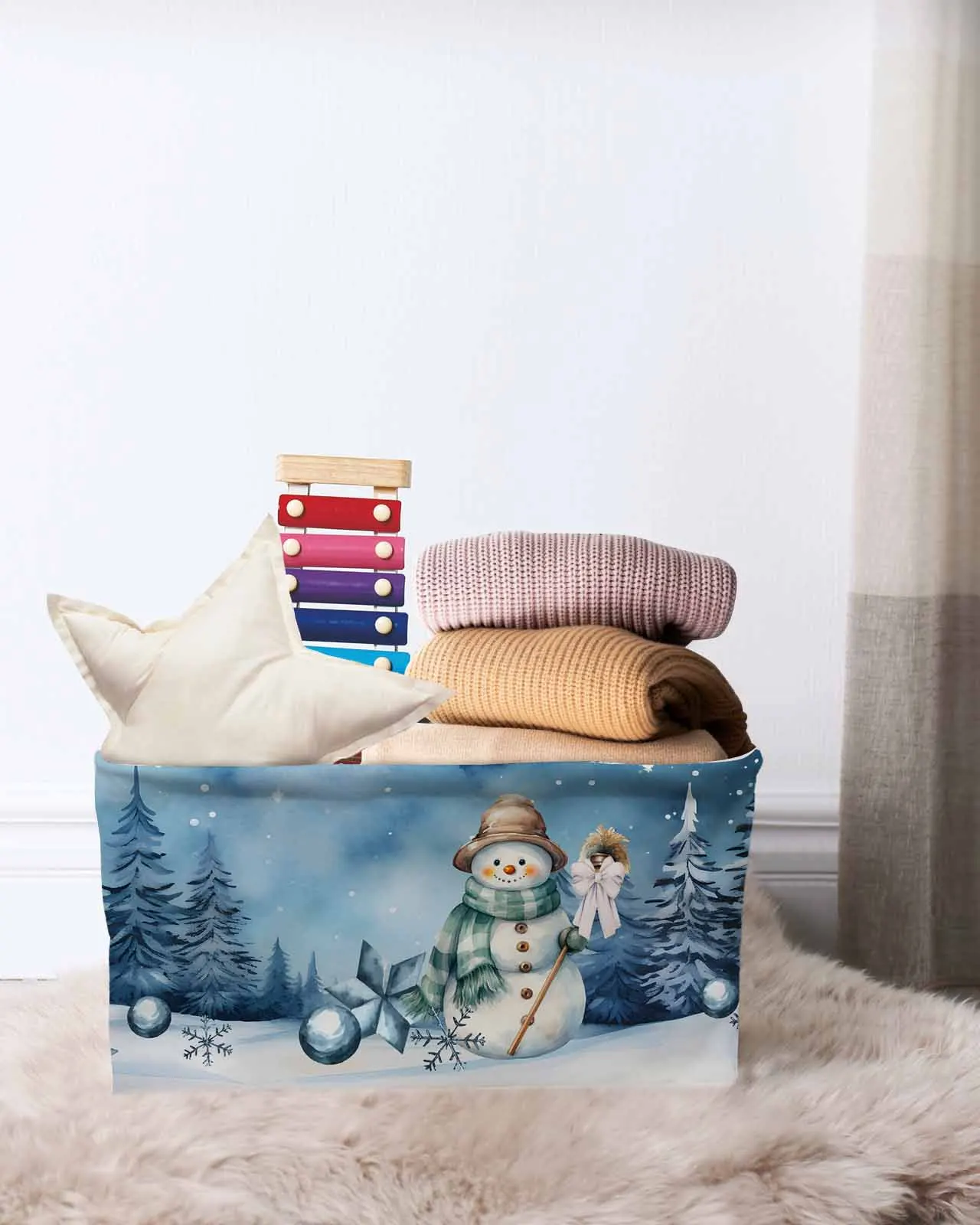 Starry Sky Forest Snow SceneBasket Clothes Folding Storage Box For Nursery Underwear Toy Organizer Laundry Basket With Handle