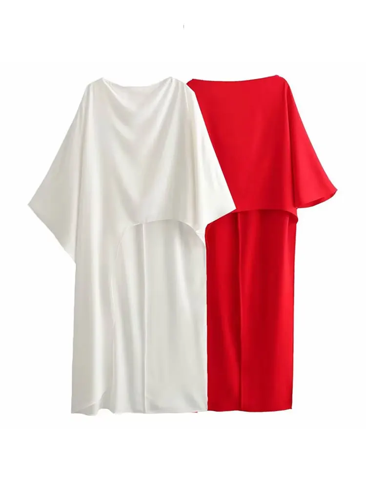 HH 2024 Female Summer Asymmetric Tops Resort Style Short Sleeves Cape Style Wild Round Neck Red Satin Loose Casual Tops