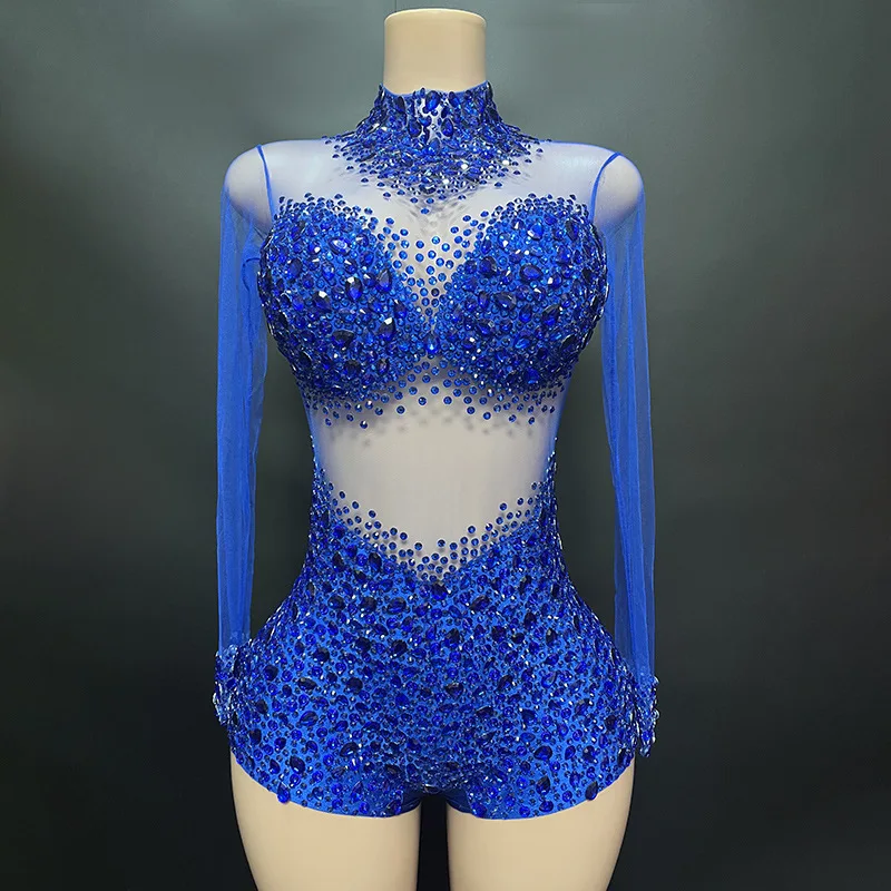 

Hollow Neck Mesh Fabric Blue Diamond Embellished Slim-fit High-elastic Zipper Short Jumpsuit Weddings Dresses Robes Bal De Promo