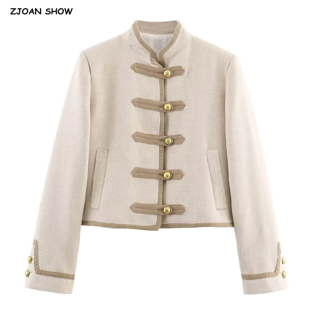 

2025 Autumn Chinese Style Women Stand Collar Beige Contrast color Rope Buttons Coat Long Sleeve Jacket CHIC Outerwear Khaki