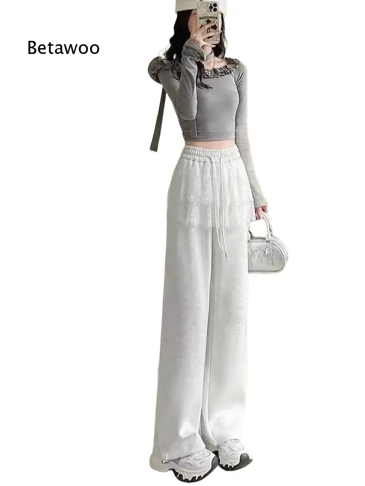 Decorative Lace Layer Jogger Pants For Women Elastic Waist Drawstring Loose Casual Trousers For Multiple Casual Occasions