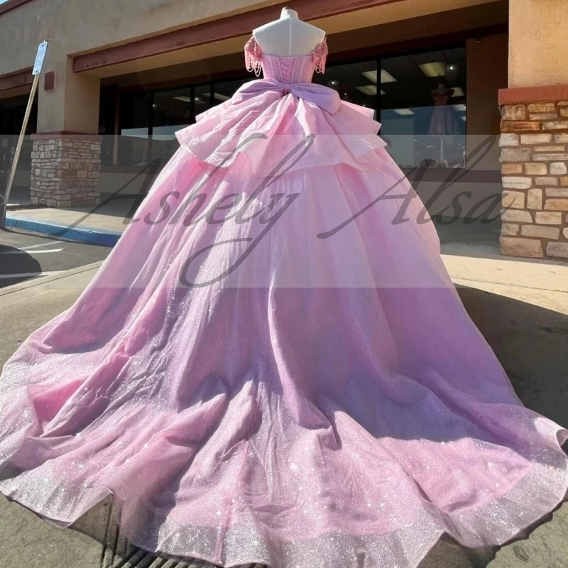 Custom Made Pink Princess Girl Quinceanera Dresses Off Shoulder Beading Lace Up Bow Vestido De xv Anos Sweet 15 16 Party Prom