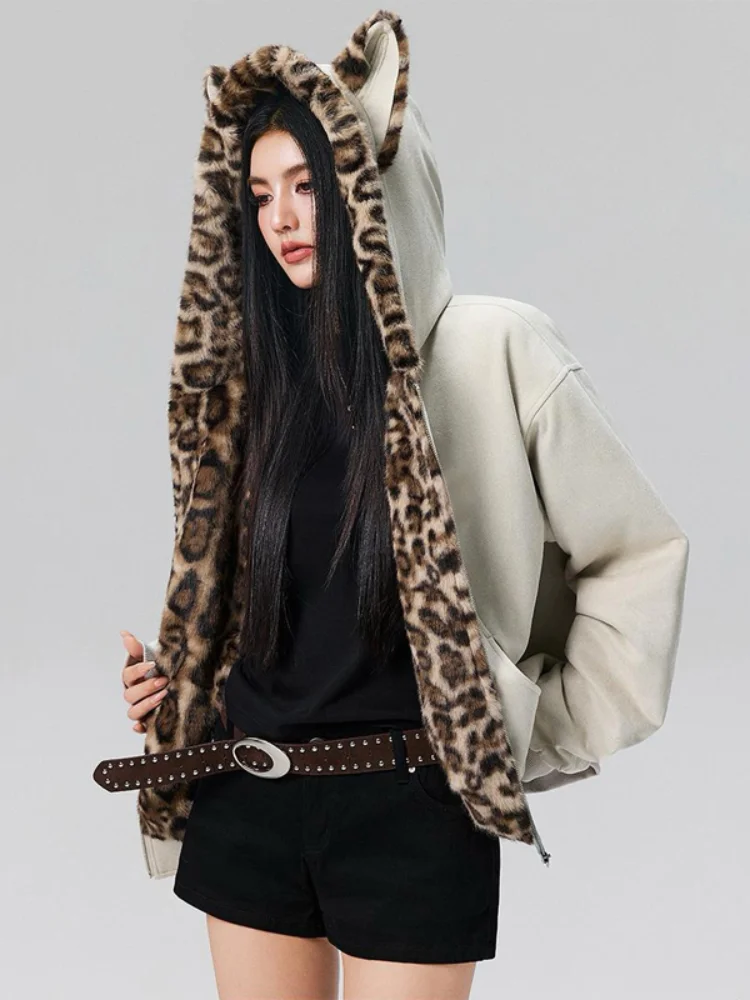 Women Oversized Reversible Hooded Outerwear Cat Ears Decor Leopard Faux Fur Lining Zip Long Sleeve Daily Casual Fashion Jacket