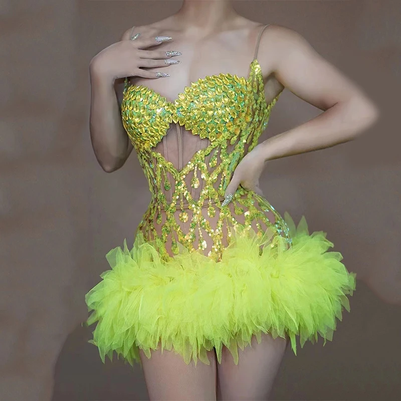 

Birthday Party Yellow Rhinestones Sexy Evening Dress Drag Queen Clothing Nightclub Bar Jazz Dance Performance Costume VDB7833