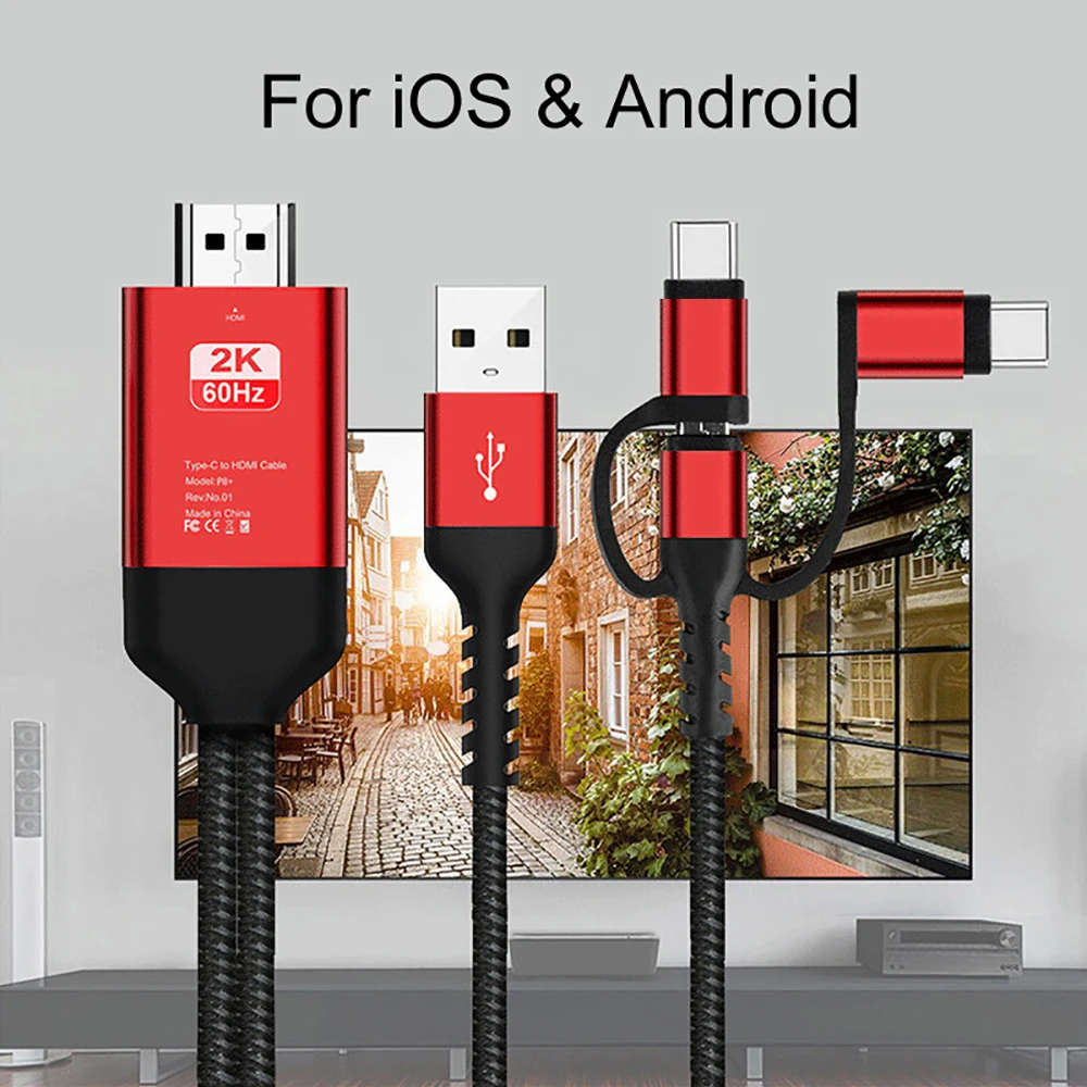 3 في 1 USB C إلى كابل متوافق مع HDMI 2K 60 هرتز المصغّر USB Type-C إلى HDM IAdapter محول USB 5 فولت مصدر الطاقة آيفون سامسونج