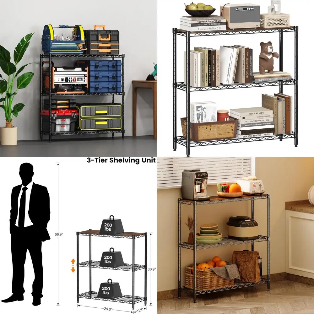 

Adjustable 3-Shelf Metal Storage Rack with Wooden Boards, 29.8 Wide, for Pantry, Bathroom, Garage, Entryway, Plant Stand