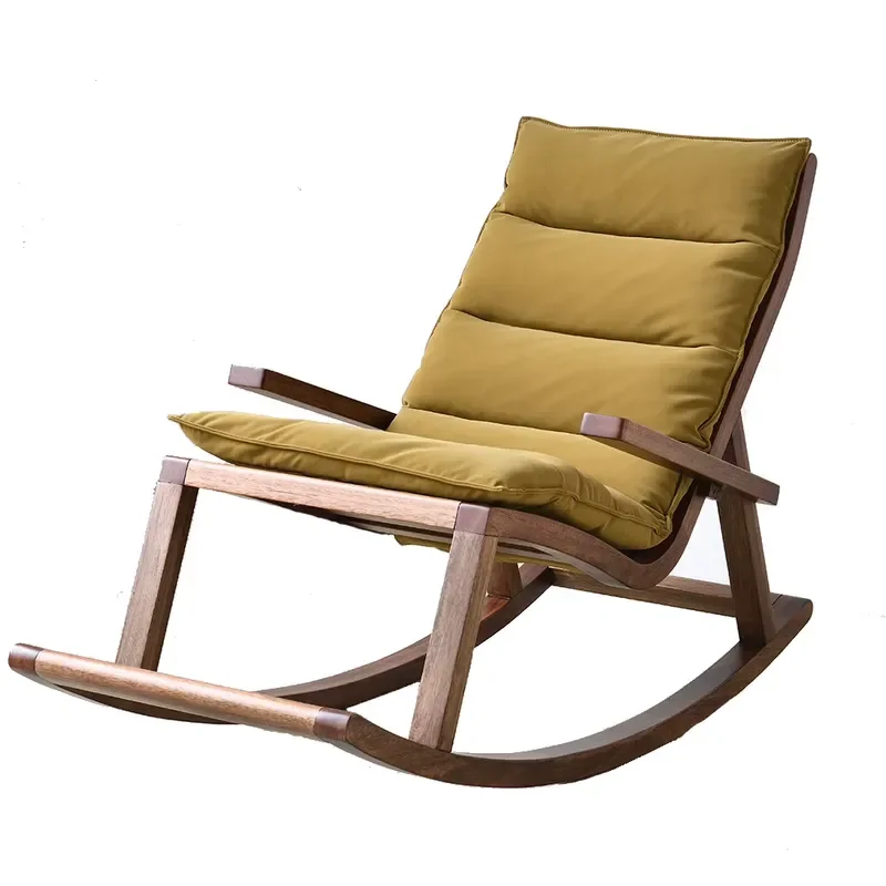 Modern Walnut Wood Frame Rocking Chair with Thick Cushion Comfortable Recliner for Living Room Lazy Style Resting Seat