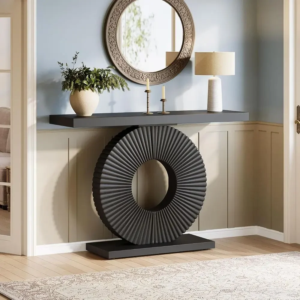 

ern Entryway ole Table, 39 inch Wooden Narrow Soa Table Behind Couch with Geometric Base, Contemporary Accent Table or Living Ro