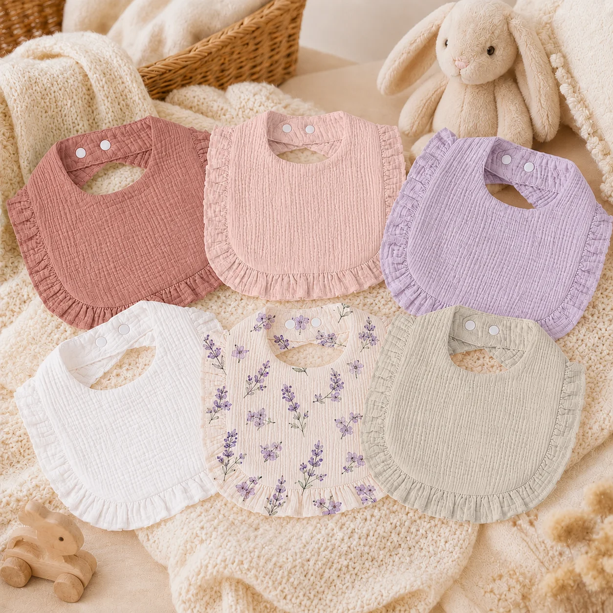 6PCS Adjustable Click Clasp Baby Bibs for Newborns Soft Folded Edge with Lace Design Feeding And Teething Essentials for Infants