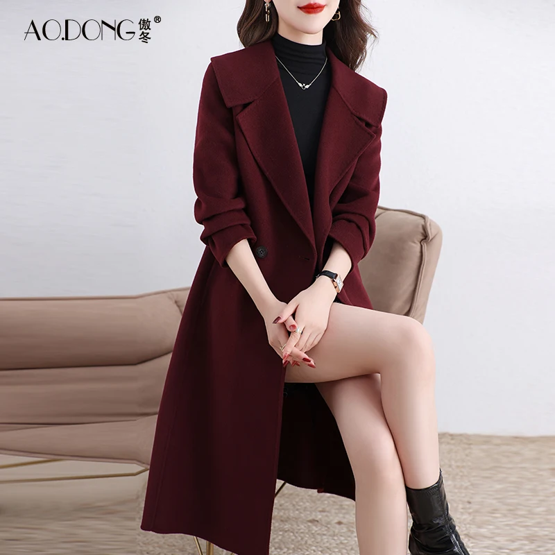

New high-end double-sided velvet coat women's mid-length suit collar over the knee slim wool coat temperament autumn and winter