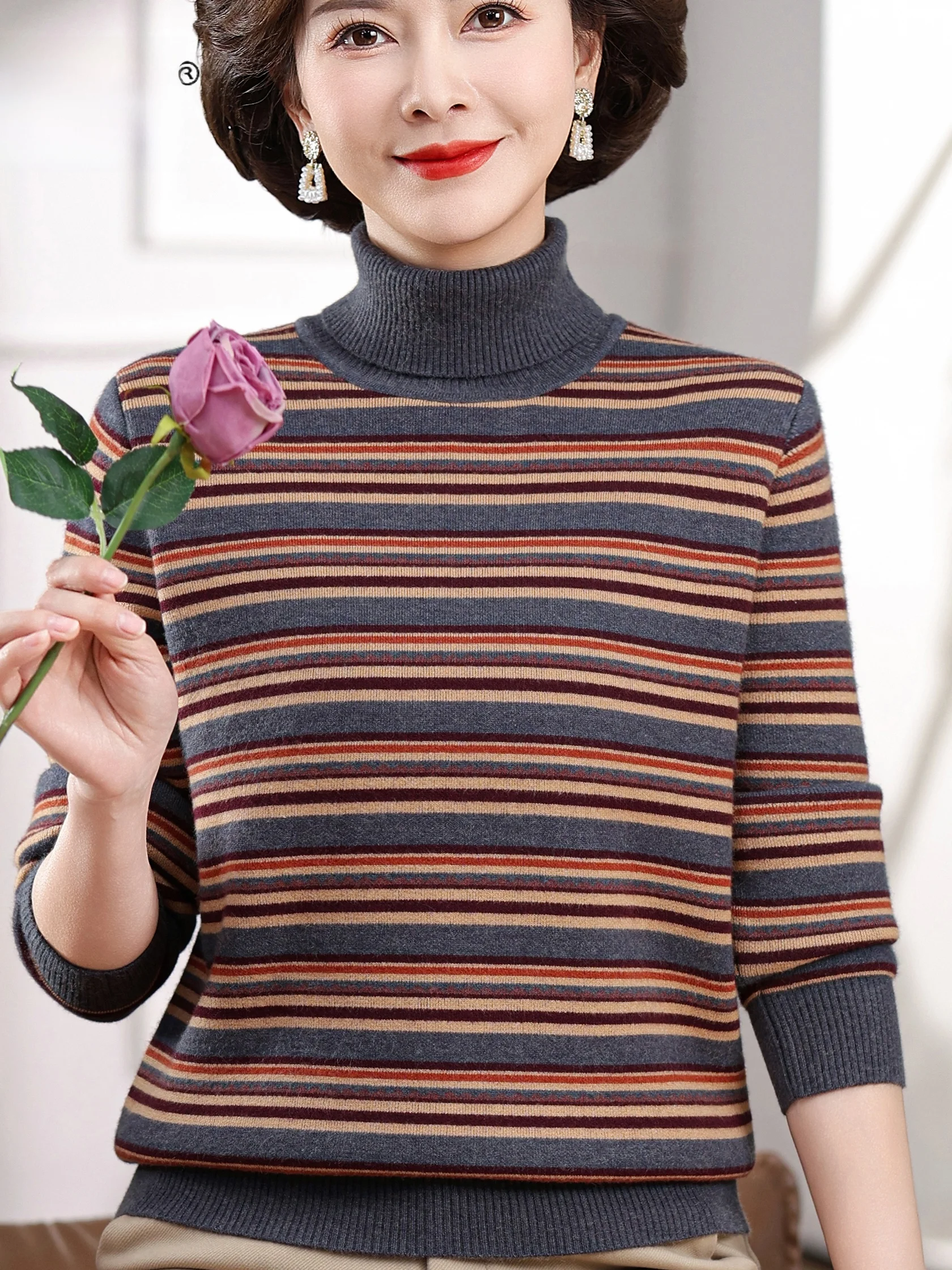 

Thiened High Collar Striped Women's Knitted Base irt Faionable Inner Wear for Middle-Aged And ly Autumn Winter Clo...