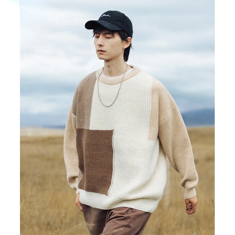 Men Sweater Color Block Splicing Design Knitted Sweater Men's Autumn and Winter New Item Thick Needle Texture Round Neck Jacket