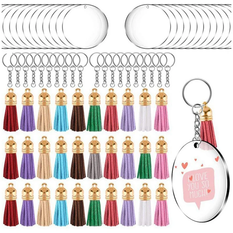 Acrylic Circle Keychain Blanks Clear Kit 120Pcs For Cricut Vinyl Project, Including Acrylic Disc Blanks, Tassels