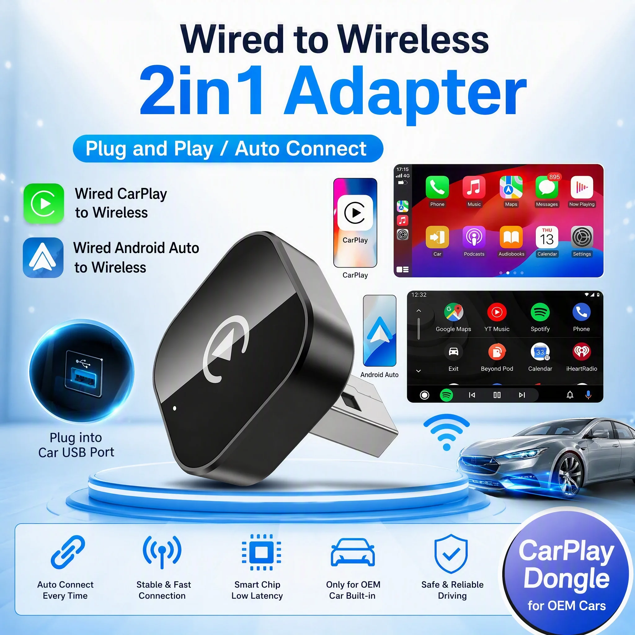 2in1 Wireless CarPlay & Android Auto Dongle, Fast Auto-Connect, Compact Plug & Play for iPhone/Android, USB/USB-C, No Delay