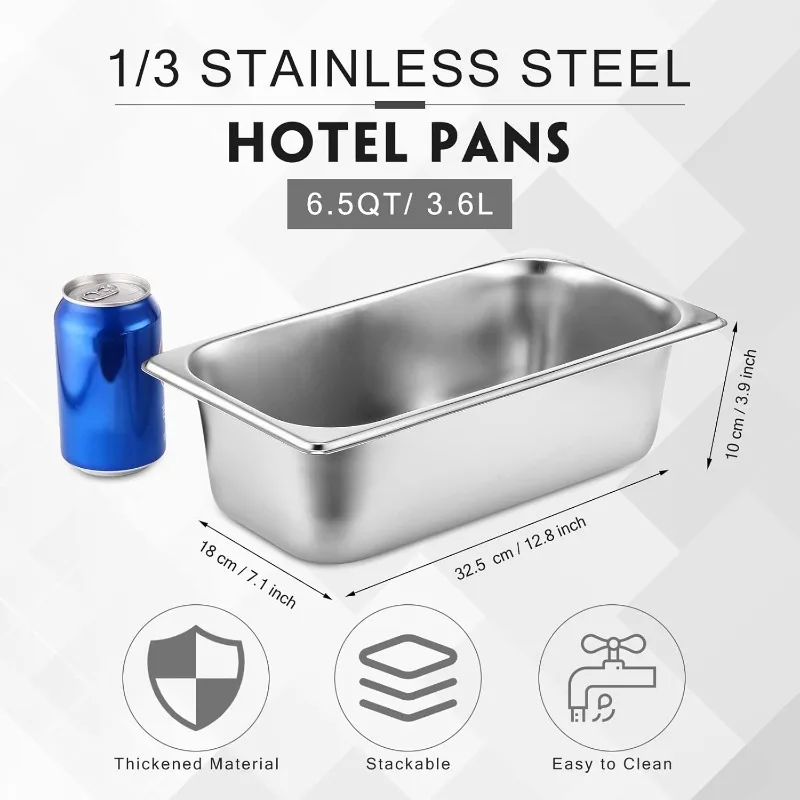 Aço inoxidável Steam Table Pan, Anti Jam Warming Pans, Hotel Pan, Grosso, 0.8mm, 1/3 de Tamanho, 10 Pack