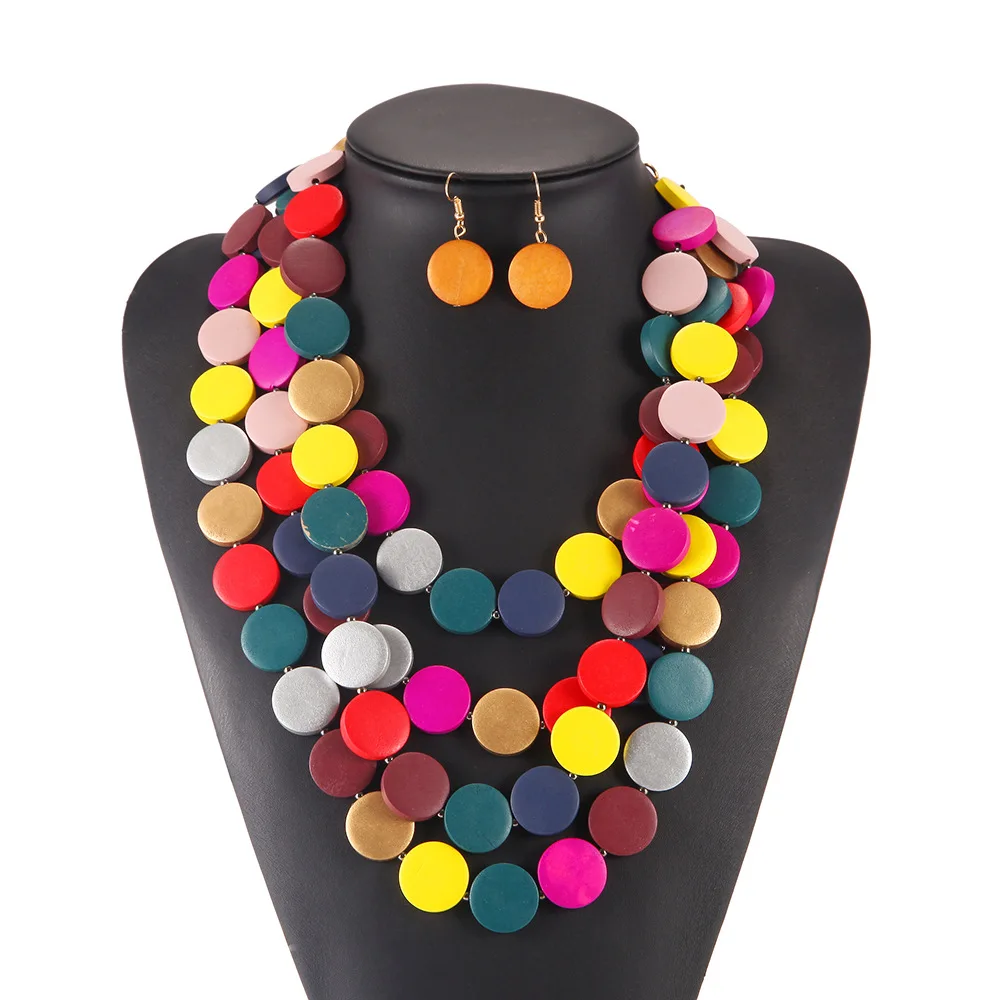 Bohemian Multilayer Wood Bead Choker Necklaces Earrings Set for African Women Handmade Beaded Statement Necklace Ethnic Jewelry