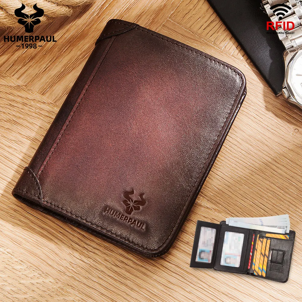 HUMERPAUL Classic Style Wallet for Men Genuine Cowhide Leather RFID Short Trifold Purse with ID Window and Credit Card Holder